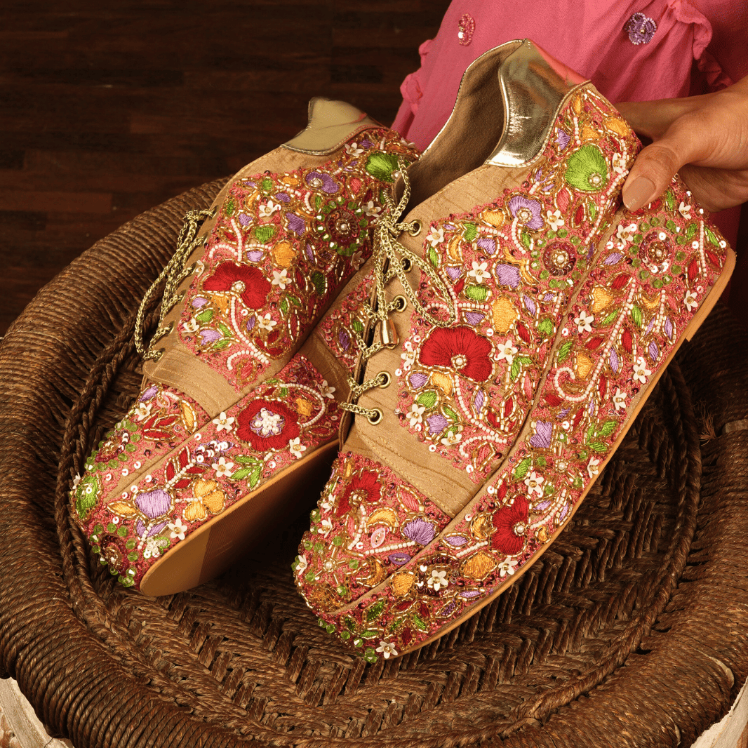 Custom Golden Multi Colour flower embroidery Bridal Sneaker platforms.
