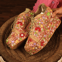 Custom Golden Multi Colour flower embroidery Bridal Sneaker platforms.
