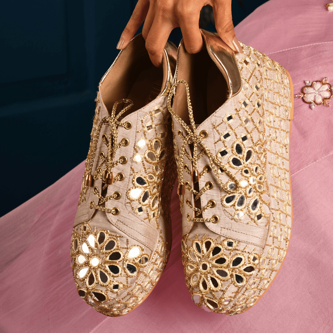 Custom silver gold mirror bridal sneaker platforms.