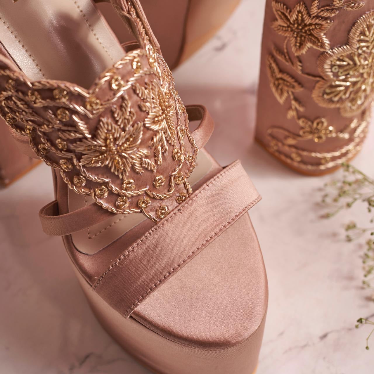 Custom Hand-Embroidered Satin Block Heels -  Nude blush pink shade