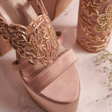 Custom Hand-Embroidered Satin Block Heels -  Nude blush pink shade