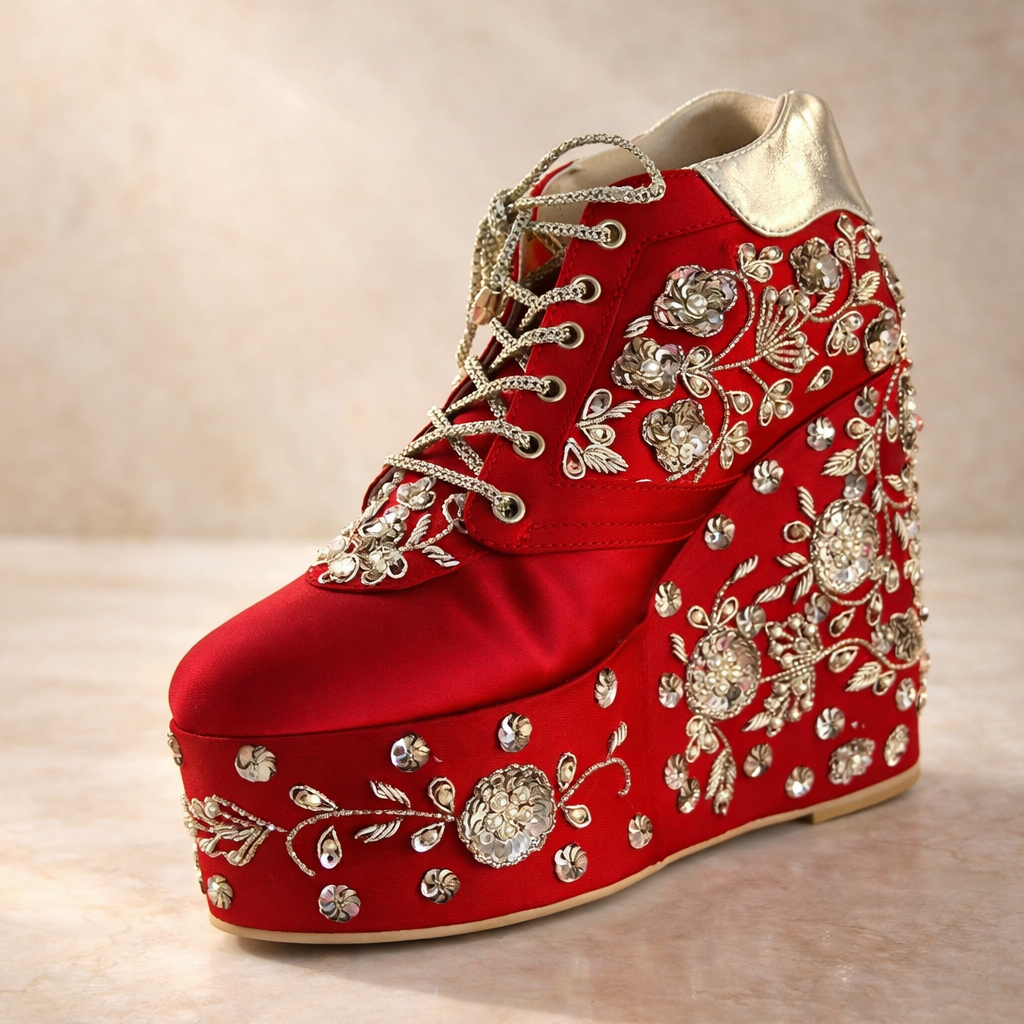 Crystal Embellished Red Wedge Sneakers – Customisable Bridal & Festive Footwear