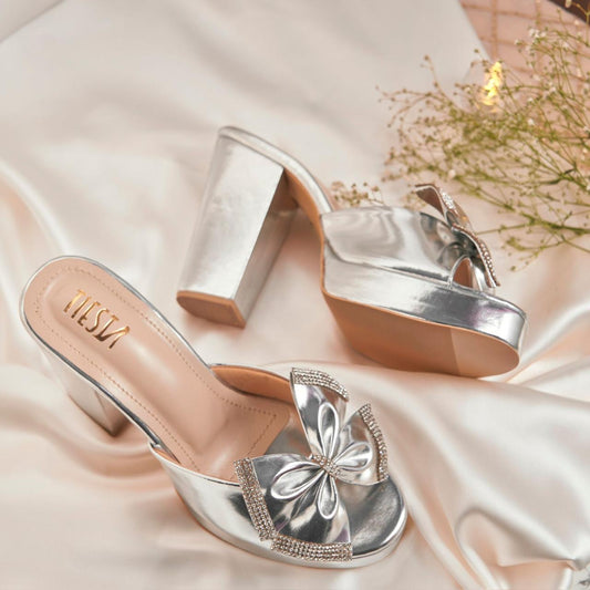 Comfortable Silver Foil Block Heels with Bling Bow - Perfect for Festive & Western Wear