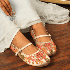Beige Embroidered Festive Ballerinas – Sequin & Bead Detailing | Fully Customisable Flats