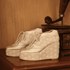 Custom White sneaker wedges beaded embroidery.