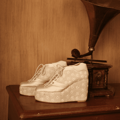 Custom White sneaker wedges beaded embroidery.