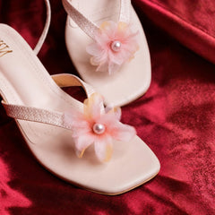 Beige Floral Tie-up Block Heels