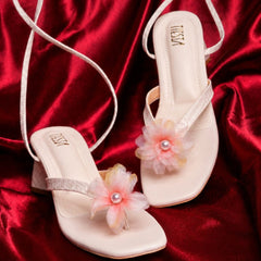 Beige Floral Tie-up Block Heels