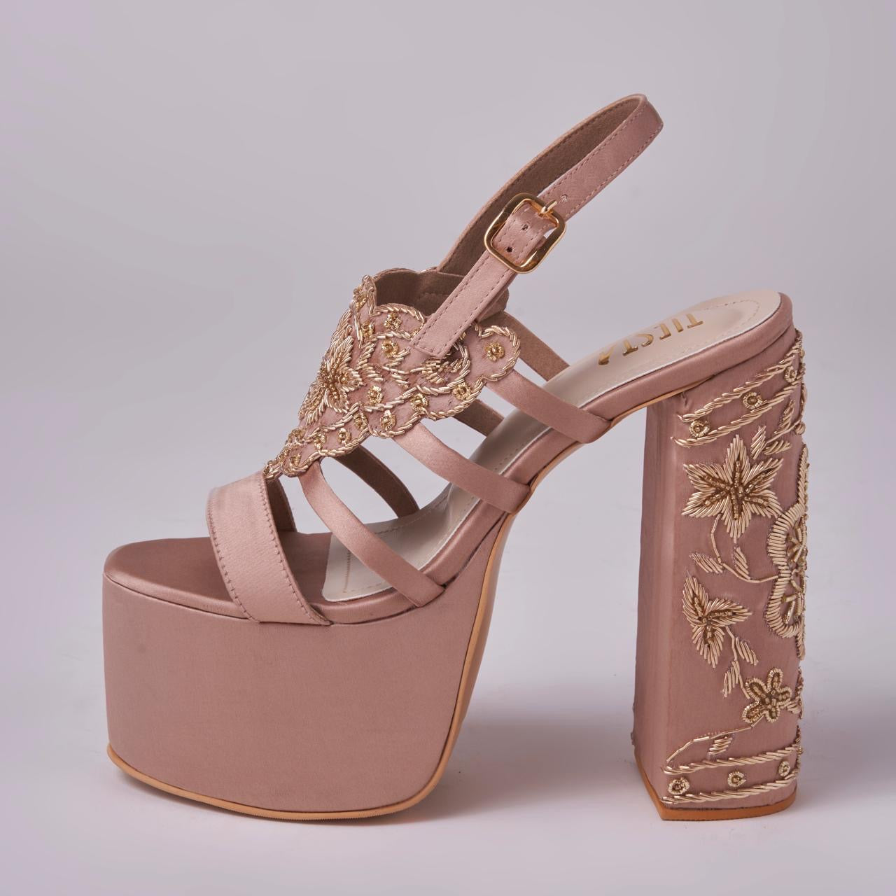 Custom Hand-Embroidered Satin Block Heels -  Nude blush pink shade