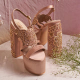 Custom Hand-Embroidered Satin Block Heels -  Nude blush pink shade