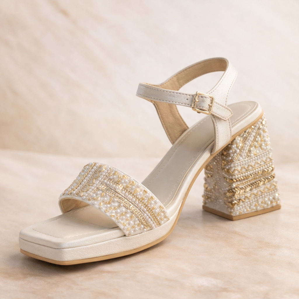 Gold Pearl & Bead Embellished Block Heel Sandals – Bridal & Festive Footwear