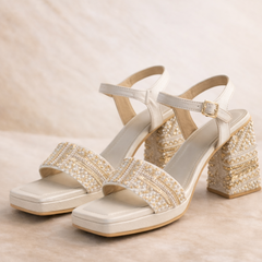 Gold Pearl & Bead Embellished Block Heel Sandals – Bridal & Festive Footwear