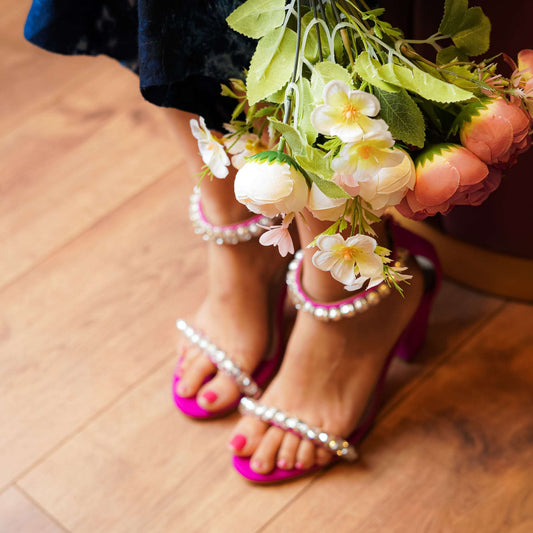 Kash (white and silver stones and pearl, Pink suede high heels ankle strap)