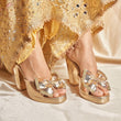 Comfortable Gold Foil Block Heels with Bling Bow - Perfect for Festive & Western Wear