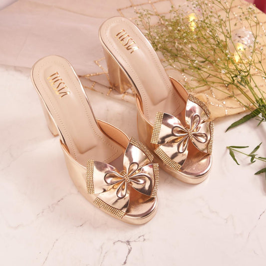 Comfortable Gold Foil Block Heels with Bling Bow - Perfect for Festive & Western Wear