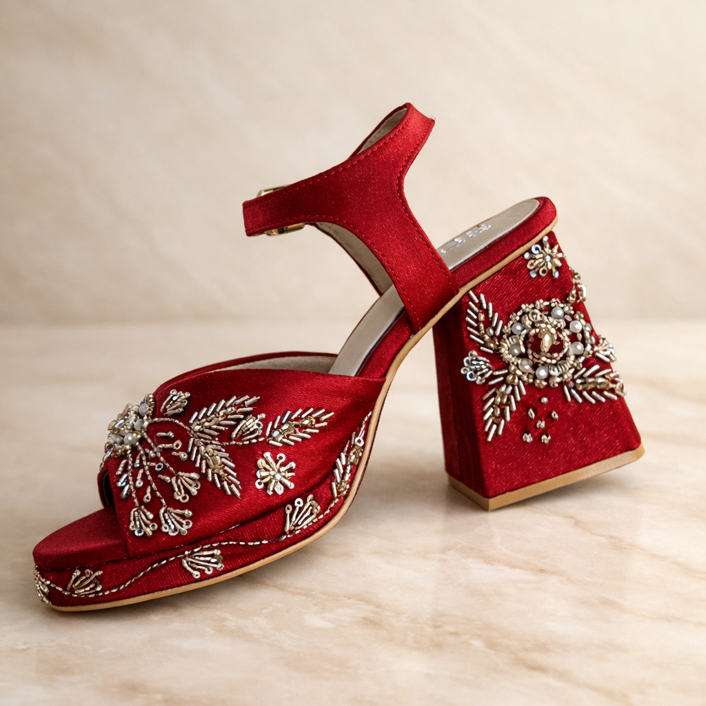 Red Embroidered Block Heel Sandals – Bridal & Festive Footwear