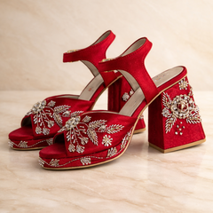 Red Embroidered Block Heel Sandals – Bridal & Festive Footwear