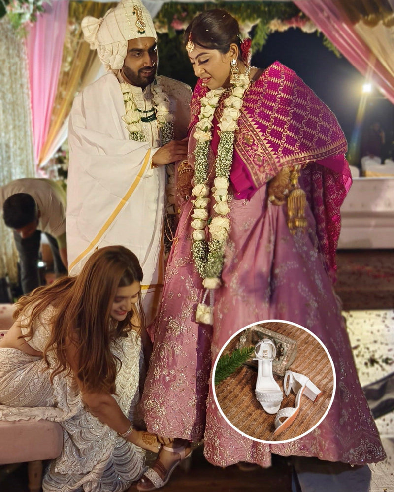 Bride wearing pearly white Tiesta flats