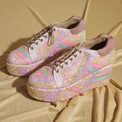 Neon Pink Beaded Sneaker Wedges – Hand Embroidered |  Customisable