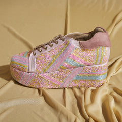 Neon Pink Beaded Sneaker Wedges – Hand Embroidered |  Customisable