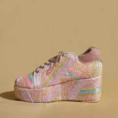 Neon Pink Beaded Sneaker Wedges – Hand Embroidered |  Customisable