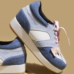 Denim Platform Sneakers – 1 to 1.5 Inch Sole with Pink Laces & Butterfly Detail | Playful & Customisable