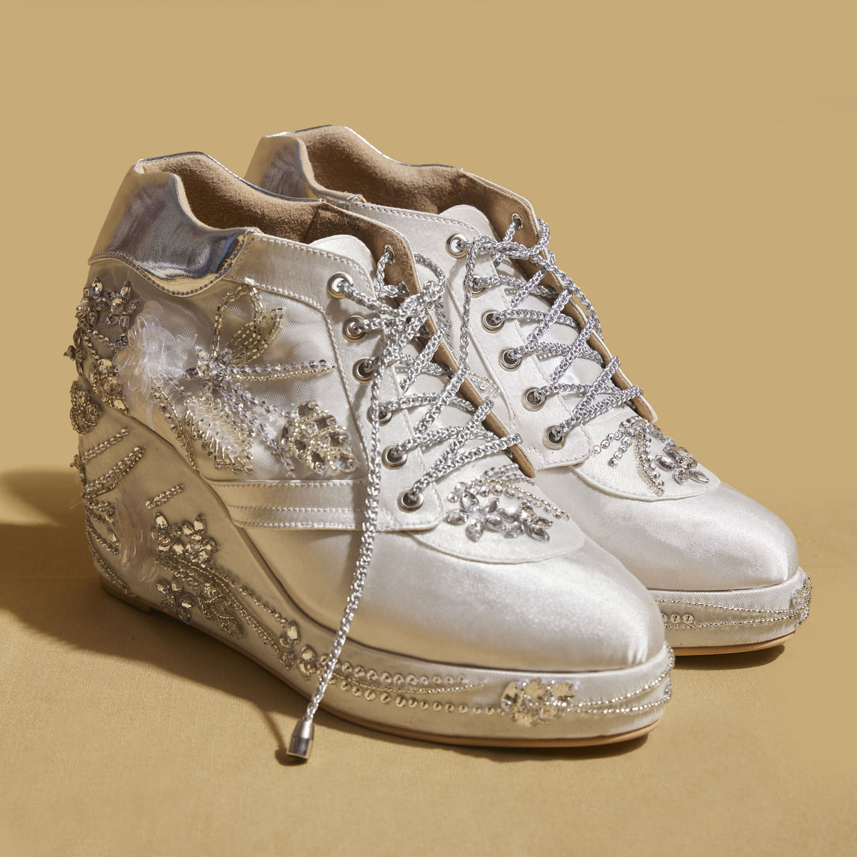 White Diamond Wedge Sneakers – 3 to 3.5 Inch Heel with Hand Embroidery  | Customisable
