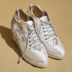 White Diamond Wedge Sneakers – 3 to 3.5 Inch Heel with Hand Embroidery  | Customisable