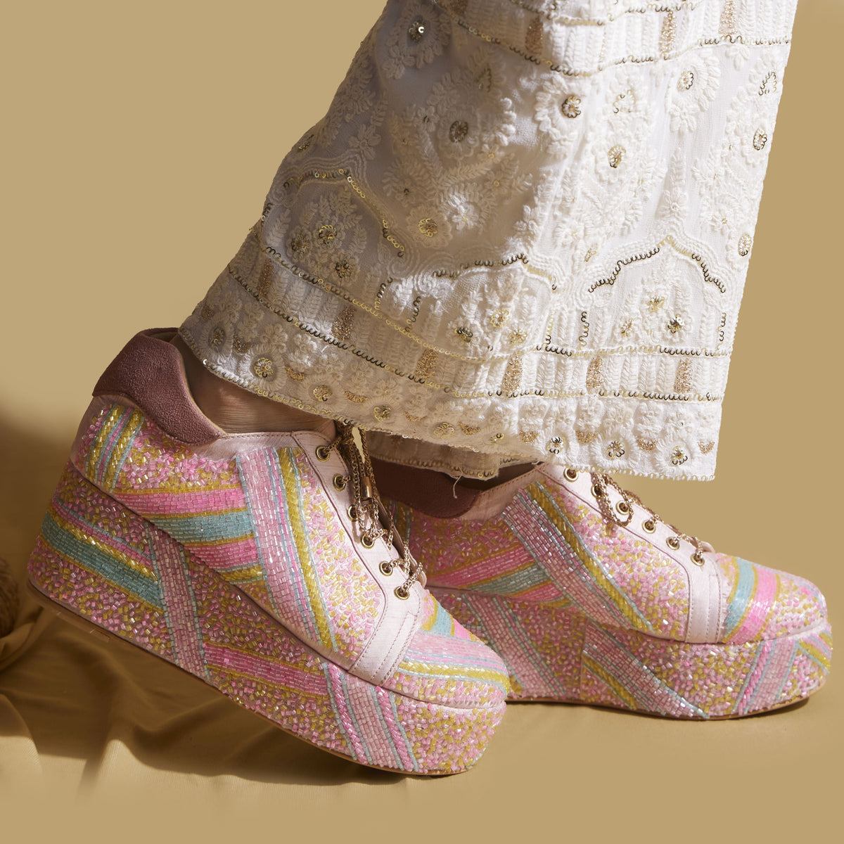 Neon Pink Beaded Sneaker Wedges – Hand Embroidered |  Customisable