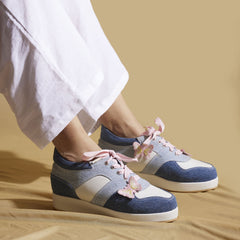 Denim Platform Sneakers – 1 to 1.5 Inch Sole with Pink Laces & Butterfly Detail | Playful & Customisable