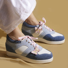 Denim Platform Sneakers – 1 to 1.5 Inch Sole with Pink Laces & Butterfly Detail | Playful & Customisable
