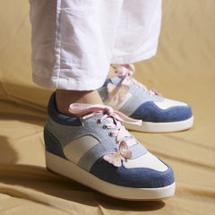 Denim Platform Sneakers – 1 to 1.5 Inch Sole with Pink Laces & Butterfly Detail | Playful & Customisable