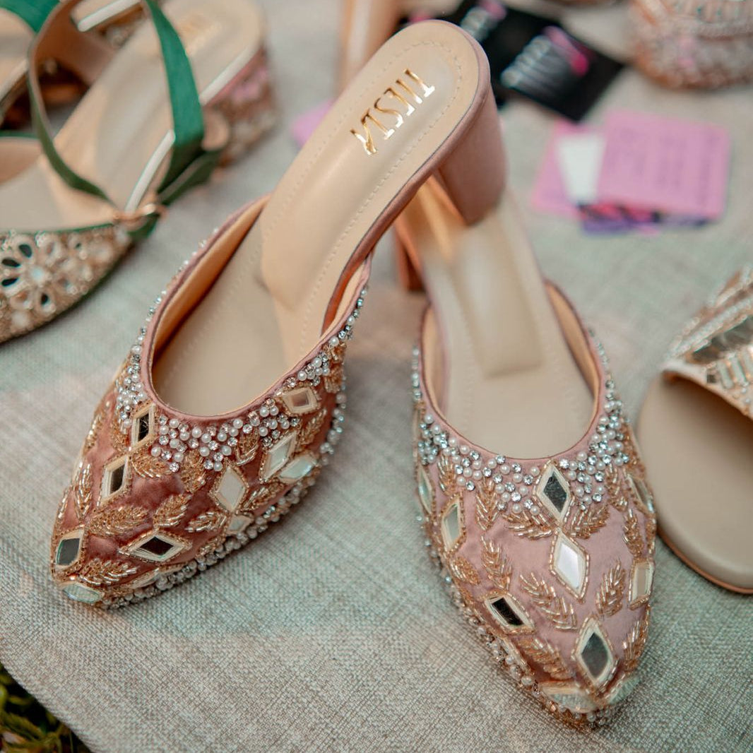 Mirror & Pearl Embellished Mules – Customisable Bridal & Festive Heels