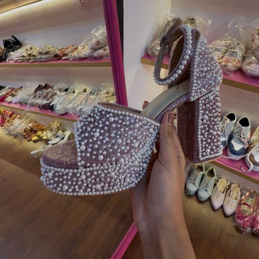 Pearl Encrusted Platform Block Heels – Customisable Bridal & Sangeet Shoes