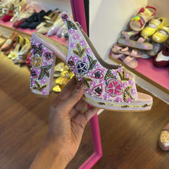 Pink Embroidered Floral Slingback Block Heels