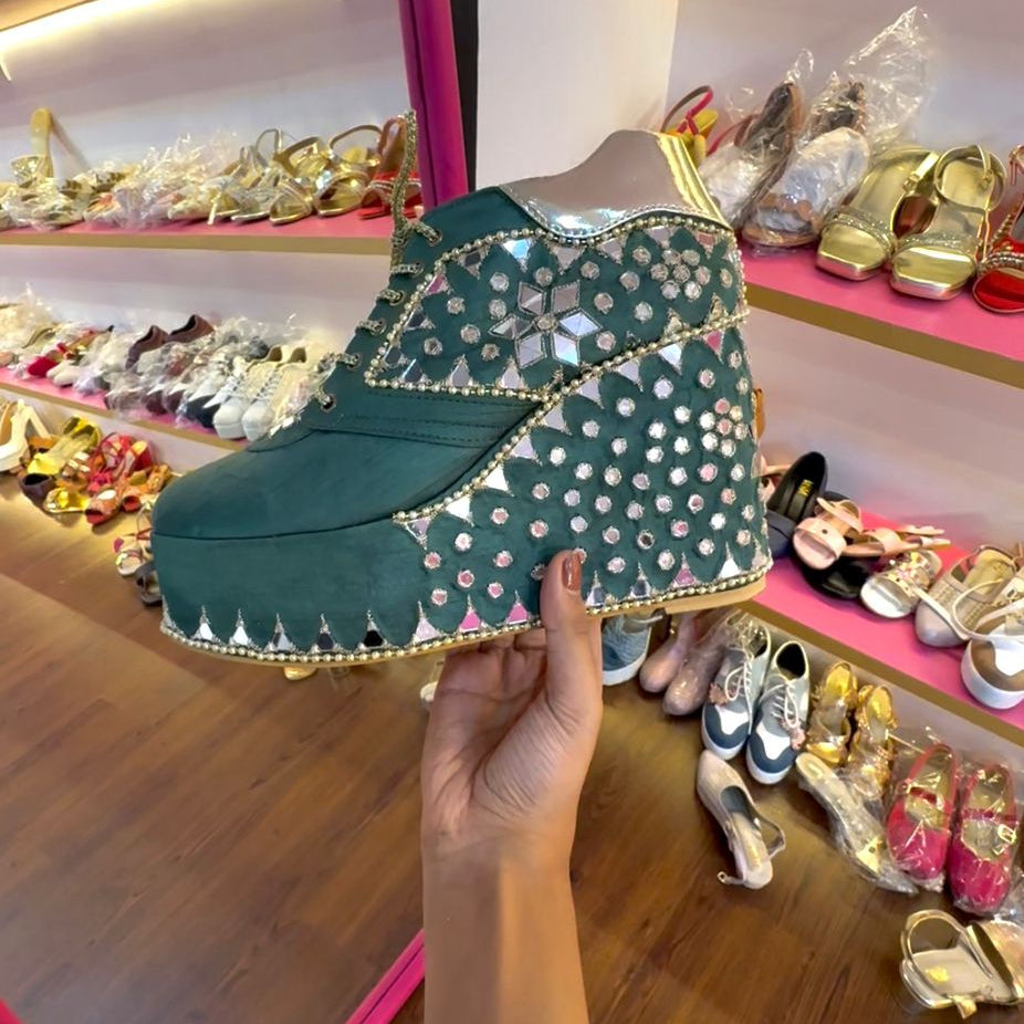 Mirror & Crystal Embellished Wedge Sneakers