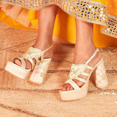 Gold Thread Embroidered Platform Block Heels