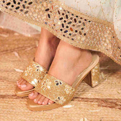 Dark Gold Mirror Bloom Block Heels