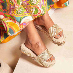 Hand Embroidered Gold Platform Wedge Slides