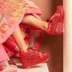 Crimson Beaded Bridal Platform Sneakers