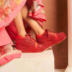 Crimson Beaded Bridal Platform Sneakers