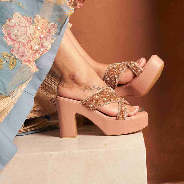Rose Nude Embellished Platform Block Heels – Tiesta