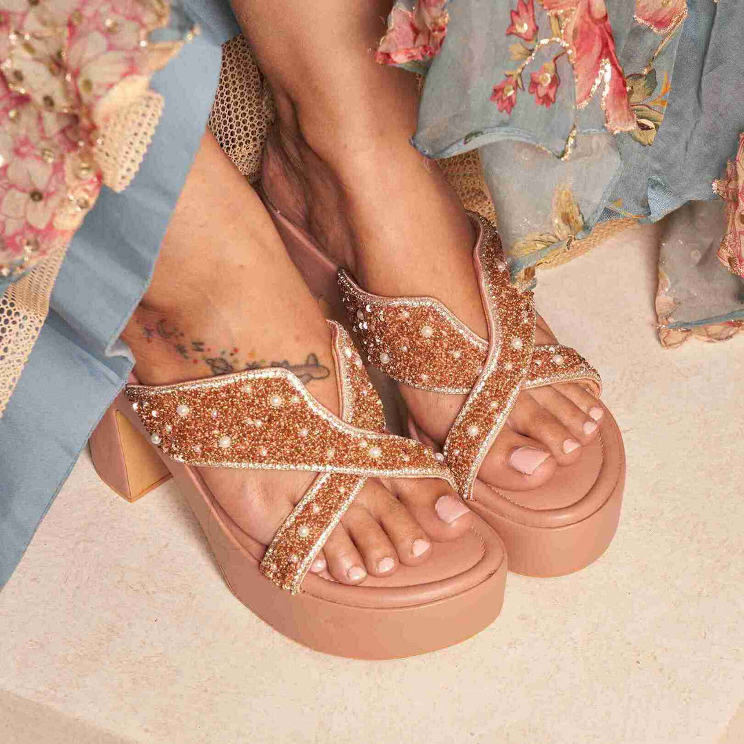 Rose Nude Embellished Platform Block Heels – Tiesta