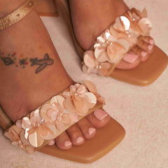 Nude Floral Embellished Block Heels