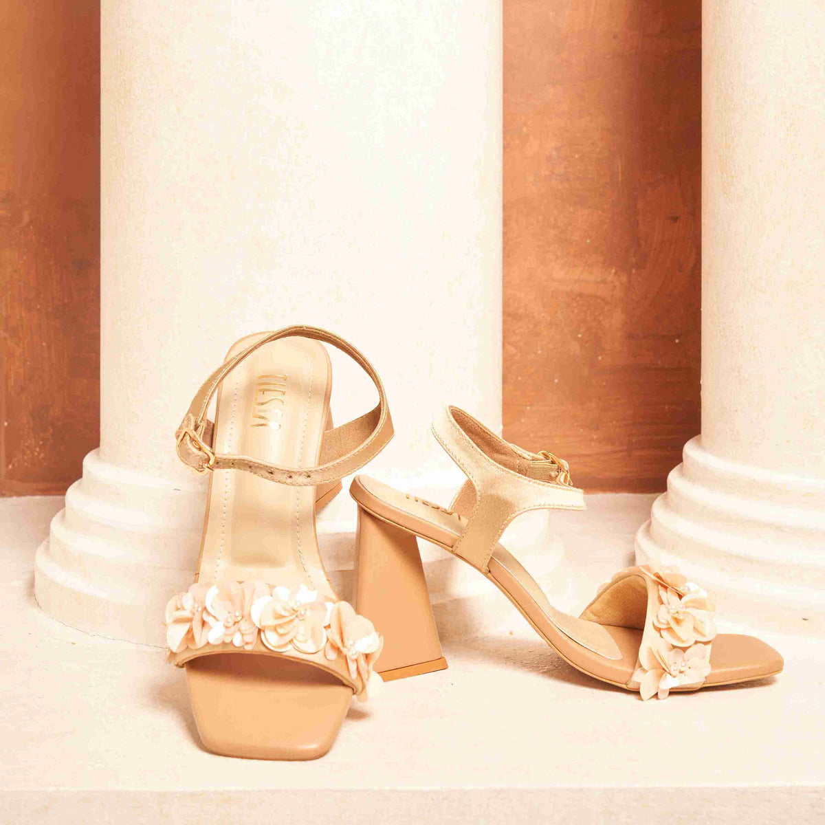Nude Floral Embellished Block Heels