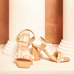 Nude Floral Embellished Block Heels