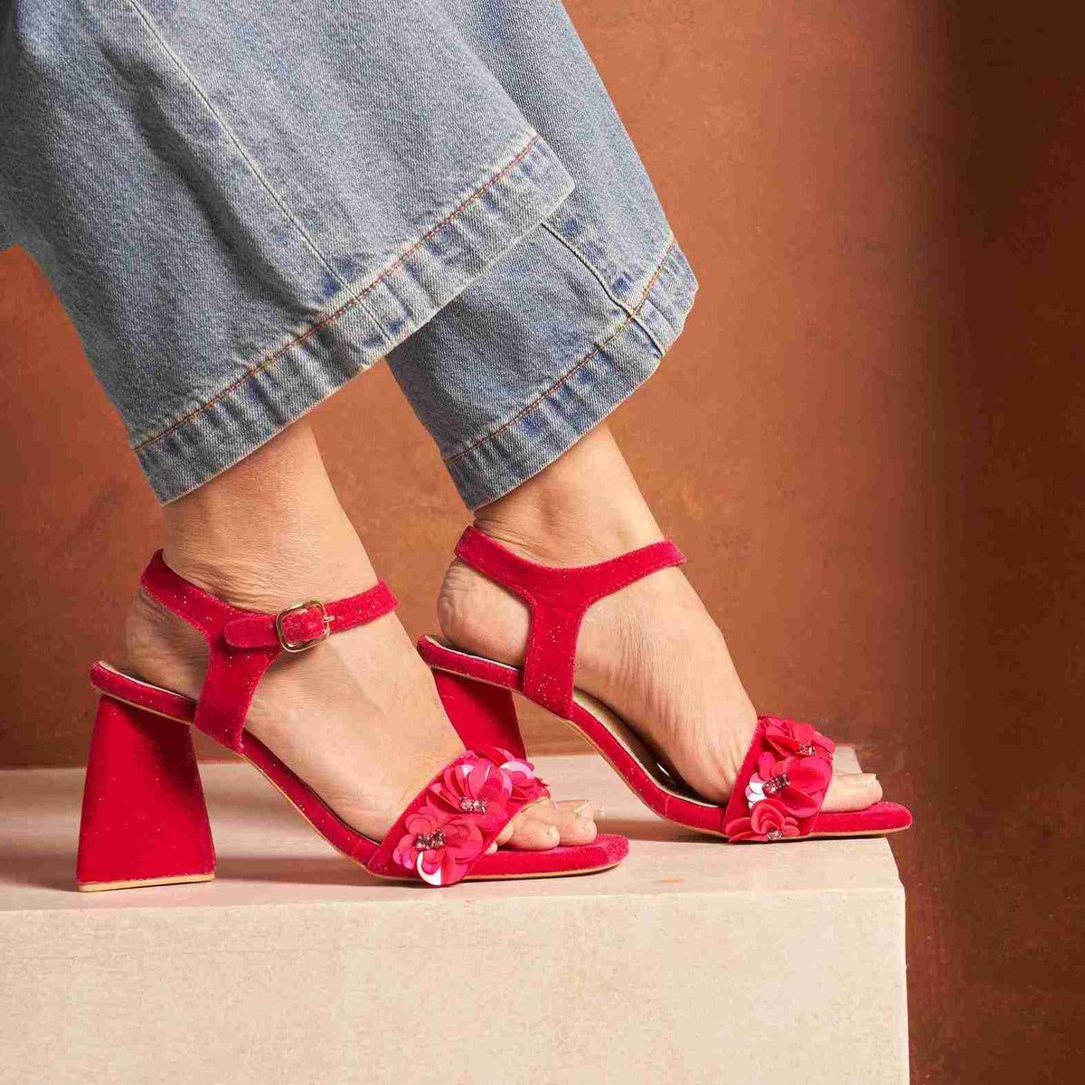 Pink Velvet Floral Embellished Block Heels
