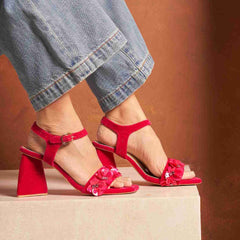 Pink Velvet Floral Embellished Block Heels