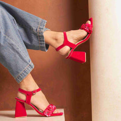 Pink Velvet Floral Embellished Block Heels