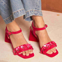 Pink Velvet Floral Embellished Block Heels